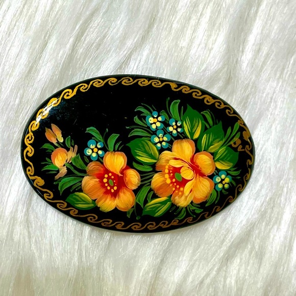 Hand Crafted Jewelry - Brooch Vintage Hand Painted Black Lacquer Russian Floral
